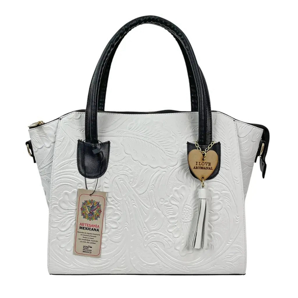 Black and White Embossed Tooled Artisan LEATHER Bag Purse Bolsa Artesanal Mexico - Picture 2 of 14